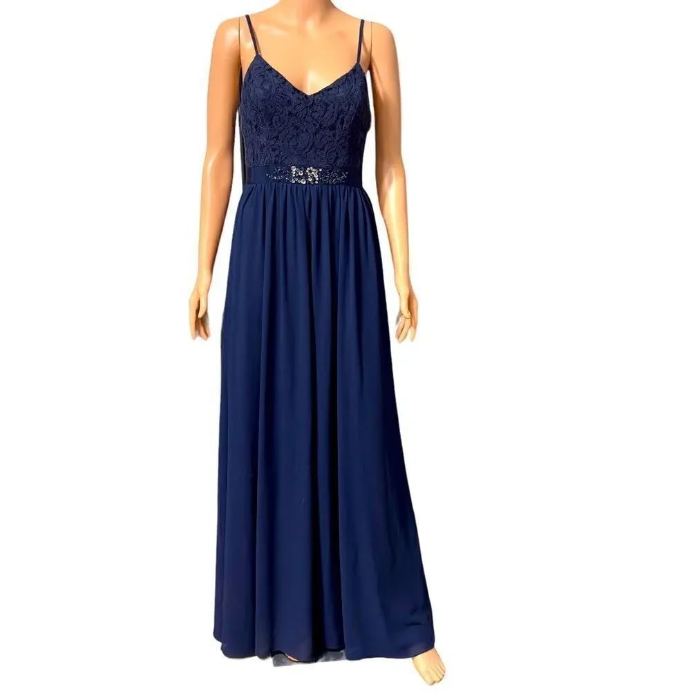 INA (i:na) Navy Lace Spaghetti Strap Long Gown
